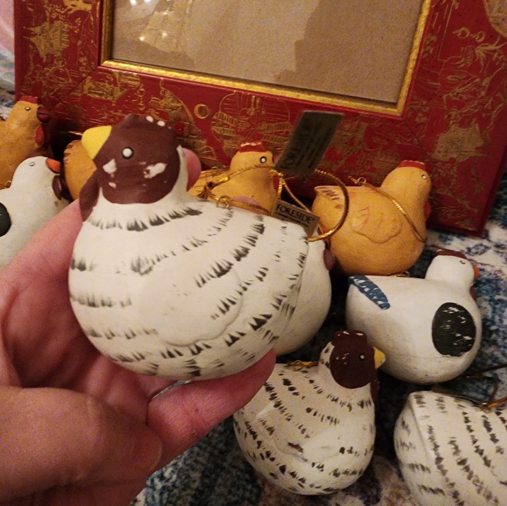 Set of 12 wooden chicken ornaments